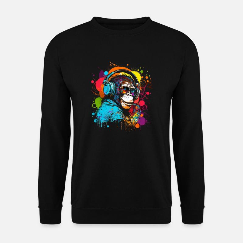 Schimpanse mit Kopfhörer und Sonnenbrille bunt - Unisex Pullover - Schwarz