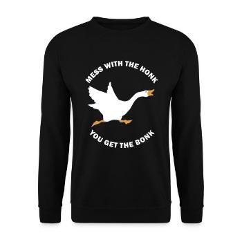Mess The Honk Du bekommst das Bonk Funny Goose Meme - Unisex Pullover - Schwarz - Vorne - Alina (178cm) & Michal (187cm)