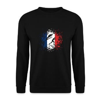 Nordische Kombination Geschenk für Wintersportfans - Unisex Pullover - Schwarz - Vorne - Alina (178cm) & Michal (187cm)