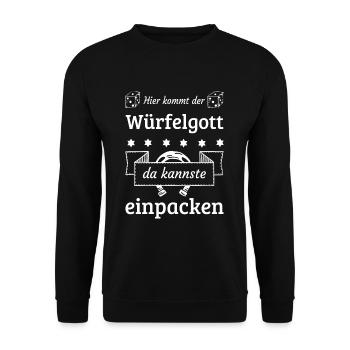 Hier kommt der Würfelgott Glücksmotiv für Spieler - Unisex Pullover - Schwarz - Vorne - Alina (178cm) & Michal (187cm)