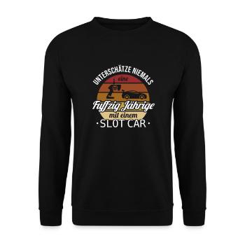 Fuffzig Jährige mit Slot Car Slotcar RC Car 50. - Unisex Pullover - Schwarz - Vorne - Alina (178cm) & Michal (187cm)