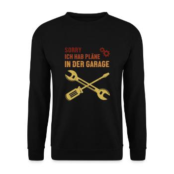 Pläne in der Garage Autoschrauber Meister Kfz - Unisex Pullover - Schwarz - Vorne - Alina (178cm) & Michal (187cm)