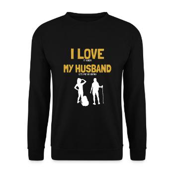 I love my Husband Hiking Trekking Bergwandern - Unisex Pullover - Schwarz - Vorne - Alina (178cm) & Michal (187cm)