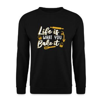 La vie est ce que vous faites cuire Boulangerie Chef pâtissier Boulanger - Sweat-shirt Unisexe - noir - Devant - Alina (178cm) & Michal (187cm)