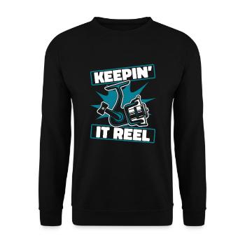 Keepin It Reel Spinnfischer Hochseeangler Angler - Unisex Pullover - Schwarz - Vorne - Alina (178cm) & Michal (187cm)