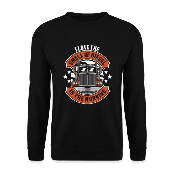 Ich liebe den Geruch von Diesel im morgendlichen Trucker - Unisex Pullover - Schwarz - Vorne - Alina (178cm) & Michal (187cm)