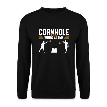 Cornhole d’abord travail plus tard pouf sacs de jeux Planches - Sweat-shirt Unisexe - noir - Devant - Alina (178cm) & Michal (187cm)