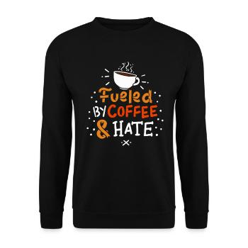 Kaffee "fueled by coffee and hate" Geschenk Motiv - Unisex Pullover - Schwarz - Vorne - Alina (178cm) & Michal (187cm)