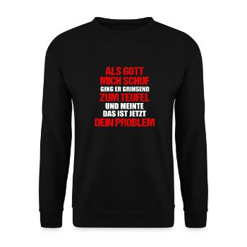 als Gott mich schuf ging er zum Teufel - Unisex Pullover - Schwarz - Vorne - Alina (178cm) & Michal (187cm)