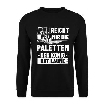 Gabelstaplerfahrer König Lagerist Hochstapler - Unisex Pullover - Schwarz - Vorne - Alina (178cm) & Michal (187cm)