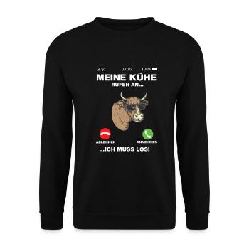 Meine Kühe rufen an - Landwirt Bauer Geschenk - Unisex Pullover - Schwarz - Vorne - Alina (178cm) & Michal (187cm)