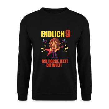 Endlich 9 Rockmusik Jungen Mädchen 9. Geburtstag - Unisex Pullover - Schwarz - Vorne - Alina (178cm) & Michal (187cm)