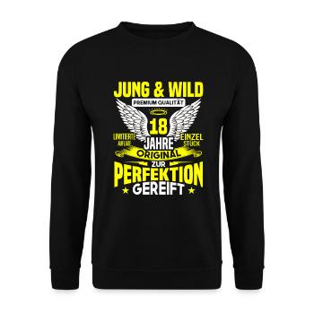 18 Jahre Jung & Wild 18. Geburtstag Geschenk - Unisex Pullover - Schwarz - Vorne - Alina (178cm) & Michal (187cm)