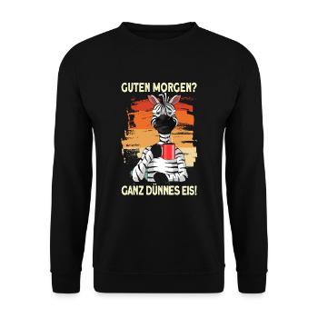 dünnes eis mein Freund - Zebra Kaffee Guten Morgen - Unisex Pullover - Schwarz - Vorne - Alina (178cm) & Michal (187cm)