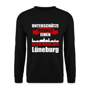 Unterschätze Niemals Einen Alten Mann Aus Lüneburg - Unisex Pullover - Schwarz - Vorne - Alina (178cm) & Michal (187cm)