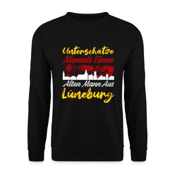 Unterschätze Niemals Einen Alten Mann Aus Lüneburg - Unisex Pullover - Schwarz - Vorne - Alina (178cm) & Michal (187cm)