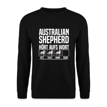 Australian Shepherd Hört aufs wort - Unisex Pullover - Schwarz - Vorne - Alina (178cm) & Michal (187cm)