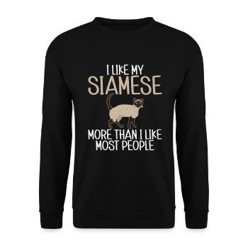 Siamesische Katze Geschenke - Unisex Pullover - Schwarz - Vorne - Alina (178cm) & Michal (187cm)