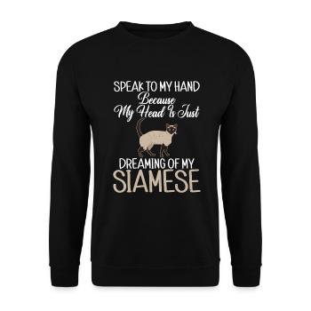Siamesische Katze Geschenke - Unisex Pullover - Schwarz - Vorne - Alina (178cm) & Michal (187cm)