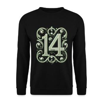 Elegantes, verziertes Design der Zahl 14 - Unisex Pullover - Schwarz - Vorne - Alina (178cm) & Michal (187cm)
