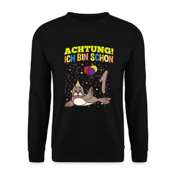 Achtung Ich Bin Schon 1 Tier Geburtstag Seehund - Unisex Pullover - Schwarz - Vorne - Alina (178cm) & Michal (187cm)