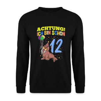 Achtung Ich Bin Schon 12 Tier Geburtstag Walross - Unisex Pullover - Schwarz - Vorne - Alina (178cm) & Michal (187cm)