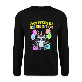 Achtung Ich Bin Schon 1 Geburtstag Waschbär - Unisex Pullover - Schwarz - Vorne - Alina (178cm) & Michal (187cm)