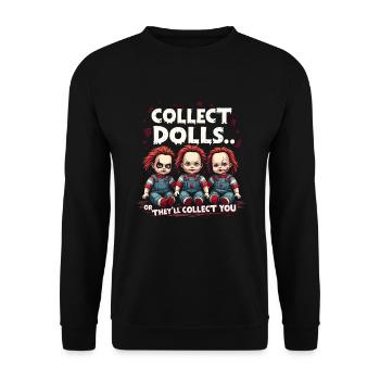 Gruseliger Puppenkollektor - Unisex Pullover - Schwarz - Vorne - Alina (178cm) & Michal (187cm)