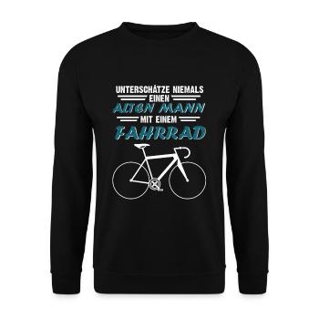 Unterschätze niemals einen alten Mann mit Fahrrad - Unisex Pullover - Schwarz - Vorne - Alina (178cm) & Michal (187cm)