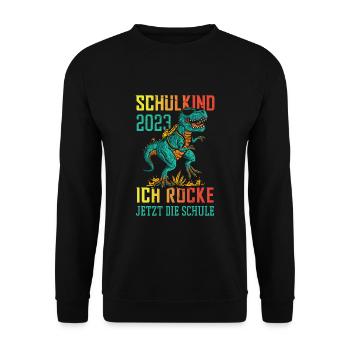 Dino Schulkind 2023 Ich Rocke Jetzt Die Schule - Unisex Pullover - Schwarz - Vorne - Alina (178cm) & Michal (187cm)