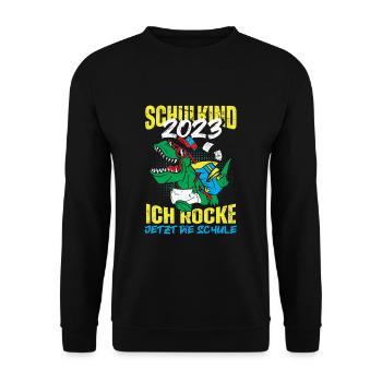 Dino Schulkind 2023 Ich Rocke Jetzt Die Schule - Unisex Pullover - Schwarz - Vorne - Alina (178cm) & Michal (187cm)