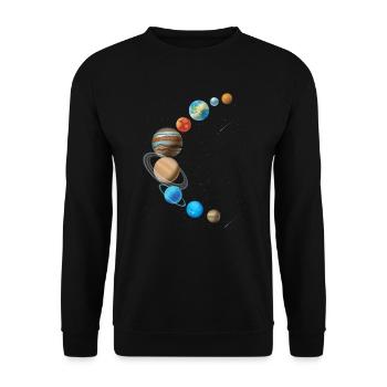 Weltraum Weltall Sonnensystem in Sichelform - Unisex Pullover - Schwarz - Vorne - Alina (178cm) & Michal (187cm)