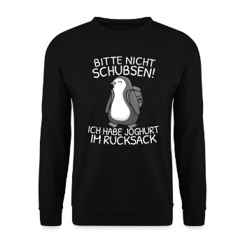 Bitte nicht schubsen ich habe Joghurt im Rucksack - Unisex Pullover - Schwarz - Vorne - Alina (178cm) & Michal (187cm)