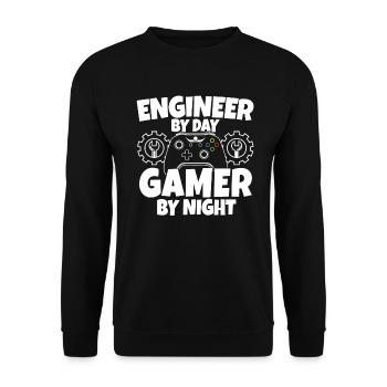 Ingenieur am Tag Gamer in der Nacht Techniker - Unisex Pullover - Schwarz - Vorne - Alina (178cm) & Michal (187cm)
