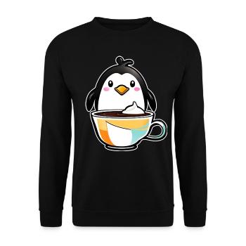 Niedlicher Pinguin mit Kaffee IV - Unisex Pullover - Schwarz - Vorne - Alina (178cm) & Michal (187cm)