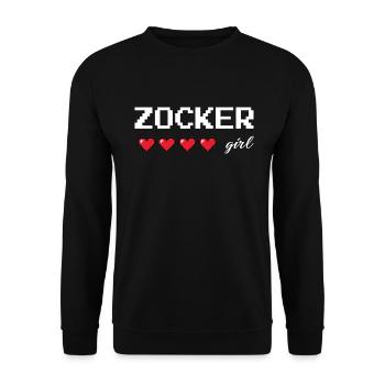 Zocker Girl Retro-Design mit 8-Bit Herz - Unisex Pullover - Schwarz - Vorne - Alina (178cm) & Michal (187cm)