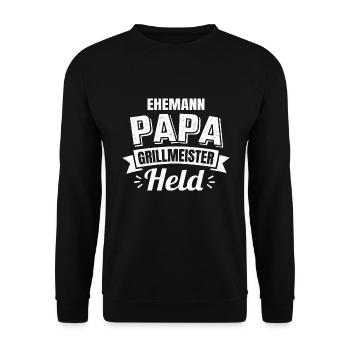 Ehemann Papa Grillmeister Held Vatertag - Unisex Pullover - Schwarz - Vorne - Alina (178cm) & Michal (187cm)