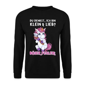 "Du denkst ich bin Lieb - Böser Fehler" Einhorn - Unisex Pullover - Schwarz - Vorne - Alina (178cm) & Michal (187cm)