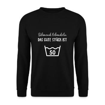 Schonend behandeln das gute Stück ist 50 - Unisex Pullover - Schwarz - Vorne - Alina (178cm) & Michal (187cm)
