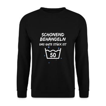 Schonend behandeln das gute Stück ist 50 - Unisex Pullover - Schwarz - Vorne - Alina (178cm) & Michal (187cm)