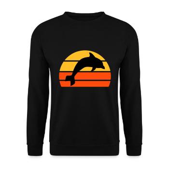 Springender Delphin vor einer geteilten Halbsonne - Unisex Pullover - Schwarz - Vorne - Alina (178cm) & Michal (187cm)