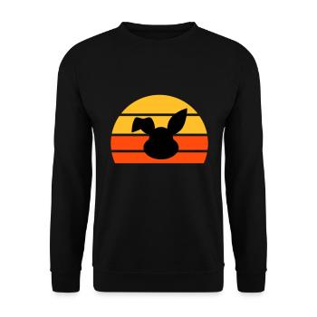 Hasenkopf mit abgeknicktem Ohr vor einer Halbsonne - Unisex Pullover - Schwarz - Vorne - Alina (178cm) & Michal (187cm)