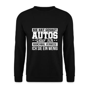 Auto Spruch Single Mann Humor Geschenk - Unisex Pullover - Schwarz - Vorne - Alina (178cm) & Michal (187cm)
