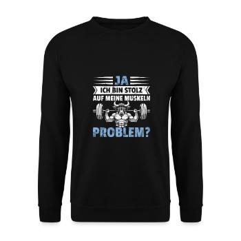 Gym lustiger Spruch stolz auf Muskeln Problem? - Unisex Pullover - Schwarz - Vorne - Alina (178cm) & Michal (187cm)