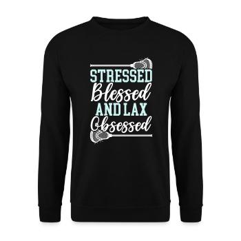 Gestresster, gesegneter und laxer besessener Lacrosse-Liebhaber - Unisex Pullover - Schwarz - Vorne - Alina (178cm) & Michal (187cm)