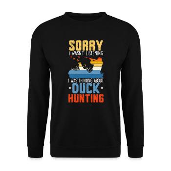 Denken Sie an die Entenjagd Wasservogeljagd - Unisex Pullover - Schwarz - Vorne - Alina (178cm) & Michal (187cm)