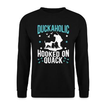 Duckaholic Hooked On Quack Wasservögel Jagd - Unisex Pullover - Schwarz - Vorne - Alina (178cm) & Michal (187cm)