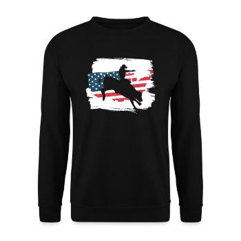 USA Flagge Bull Rider Western Rodeo Bull Riding - Unisex Pullover - Schwarz - Vorne - Alina (178cm) & Michal (187cm)