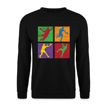 Retro Handballspieler Handballer Sport Torwart - Unisex Pullover - Schwarz - Vorne - Alina (178cm) & Michal (187cm)