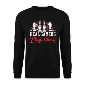 Echte Spieler spielen Schachbrettspiel Schachspieler - Unisex Pullover - Schwarz - Vorne - Alina (178cm) & Michal (187cm)